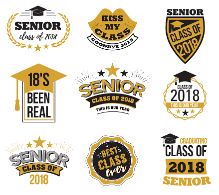 The set of black and gold colored senior text signs with the Graduation Cap, ribbon vector illustration. Class of 2018 grunge badges on white background.