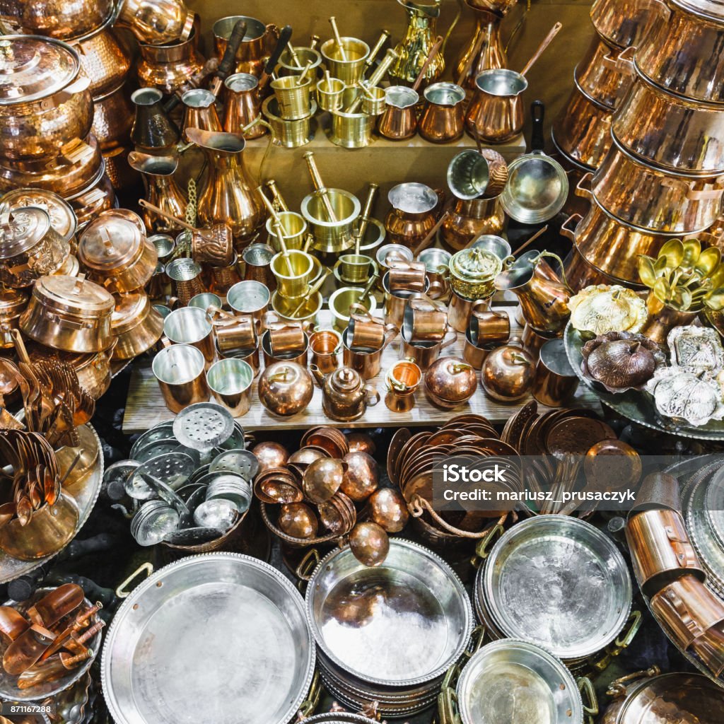 Traditional iranian market (Bazaar) metal souvenires. Isfahan, Iran. Bazaar Market Stock Photo