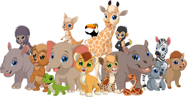 재미 있는 아이 동물 세트 - zoo young animal africa group of animals stock illustrations