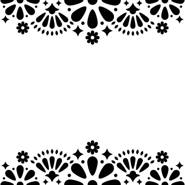 Vector illustration of Mexican folk vector wedding or party invitation, floral happy greeting card, black and white frame design with flowers and abstract shapes