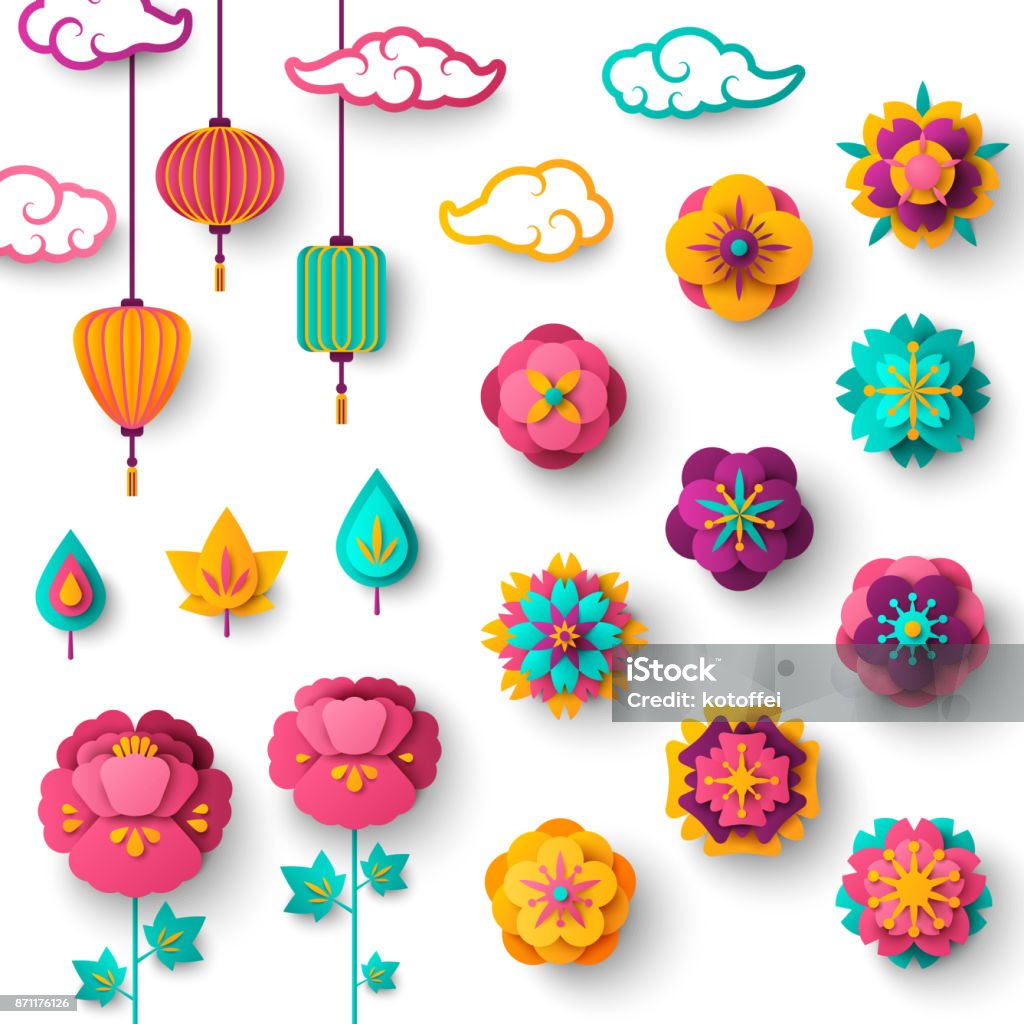 Chinesische dekorative Symbole Wolken, Blumen und Lampions - Lizenzfrei Blume Vektorgrafik