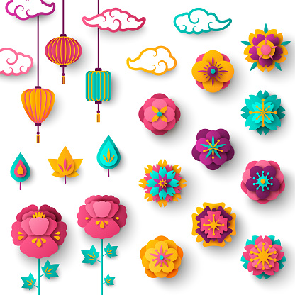 Chinese Decorative Icons, Clouds, Flowers and Chinese Lights in Modern 3d Paper cut style. Vector Illustration. Sakura, Peony Flowers. Chinese Lanterns.