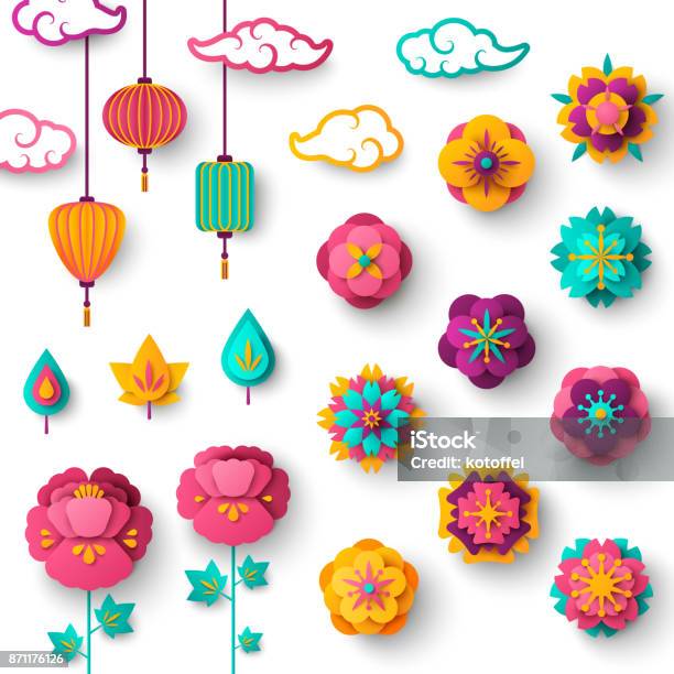 Chinese Decorative Icons Clouds Flowers And Chinese Lanterns Stock Illustration - Download Image Now