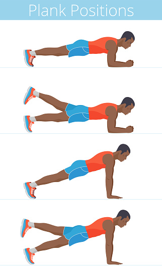 The active black young man in the various plank positions. Afro-american strong adult boy in the sportswear is doing the plank exercises and training in the plank postures. Flat vector illustration.