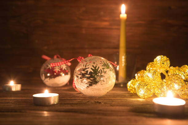 istock Christmas decorations with Christmas lights on wooden table 871180876