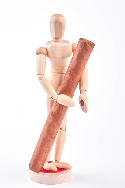Wooden dummy with cuban cigar. Wooden dummy with cuban cigar. Human wooden mannequin with big brown cuban cigar, isolated on white background. cuban man smoking big cigar stock pictures, royalty-free photos & images