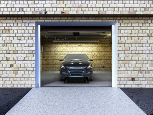 istock Front View of a Garage with a car 3D Interior with Opened Roller Door 3D Rendering 871181162