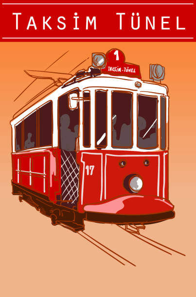 Traditional turkish public tram icon in cartoon style Traditional turkish public tram icon in cartoon style central european time stock illustrations