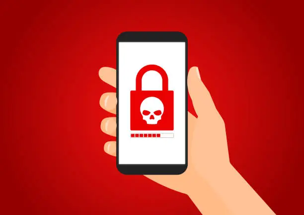Vector illustration of Cell phone infected by ransomware virus vector illustration