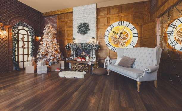 istock Cozy christmas interior with fir tree and fireplace 871185662