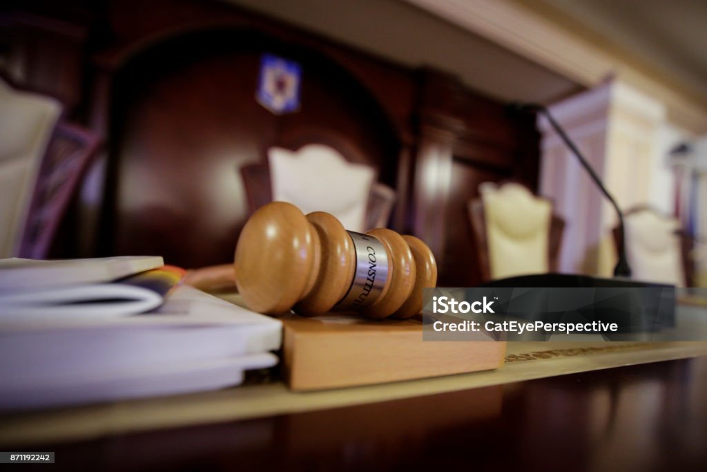 Judge's hammer Judge's hammer in a courtroom Voting Stock Photo