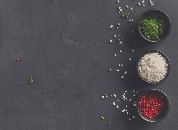 istock Diverse spices in plates on dark background, closeup, copy space 871195970