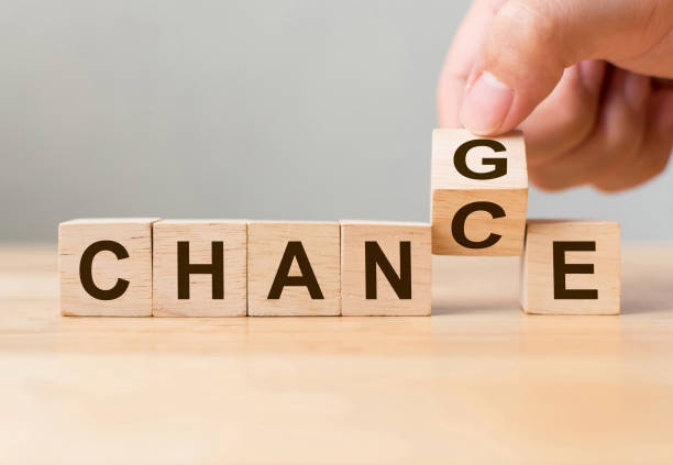 hand flip wooden cube with word "change" to "chance", personal development and career growth or change yourself concept - trocar imagens e fotografias de stock