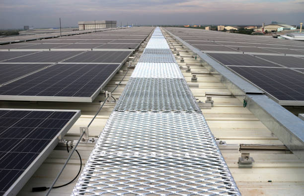 Grating Walkway Solar PV Rooftop System stock photo