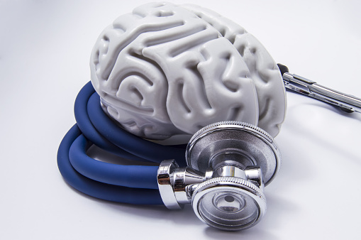 The figure on the brain is on twisted into a spiral tube of the stethoscope with chestpiece, which as it listens to the human brain. The idea for the diagnostic imaging in neurology and neuroscience