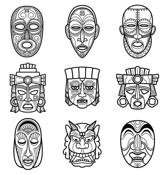 ilustrações de stock, clip art, desenhos animados e ícones de indian aztec and african historic tribal mask vector set - traditional culture asia indigenous culture india