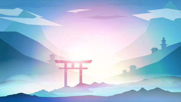 illustrazioni stock, clip art, cartoni animati e icone di tendenza di sfondo paesaggistico giapponese con montagne e tramonto ad arco con nebbia - illustrazione vettoriale - east asian ethnicity