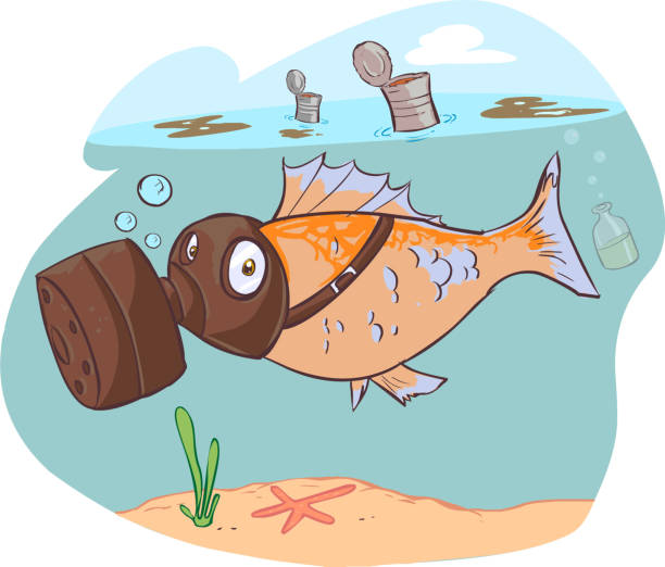 vector illustration of a dirty sea and fish vector art illustration