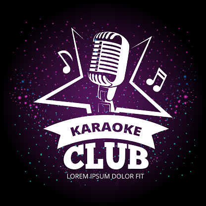 Shiny karaoke club vector label design. Karaoke music club label illustration