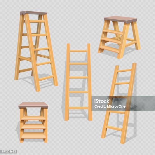 Wood Household Steps Set On Transparent Background Stock Illustration - Download Image Now - Ladder, Wood - Material, Shadow