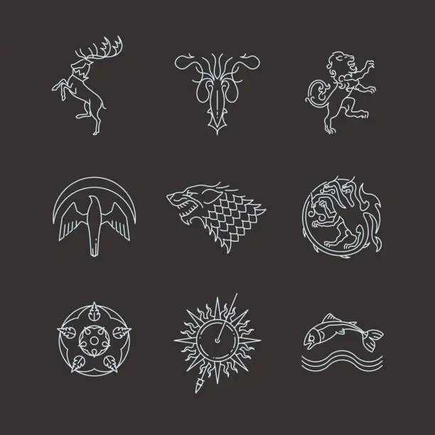 Vector illustration of Line heraldic animals gaming thrones symbols