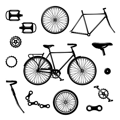 Bike parts. Bicycle equipment and components isolated vector set. Bicycle chain and pedal illustration