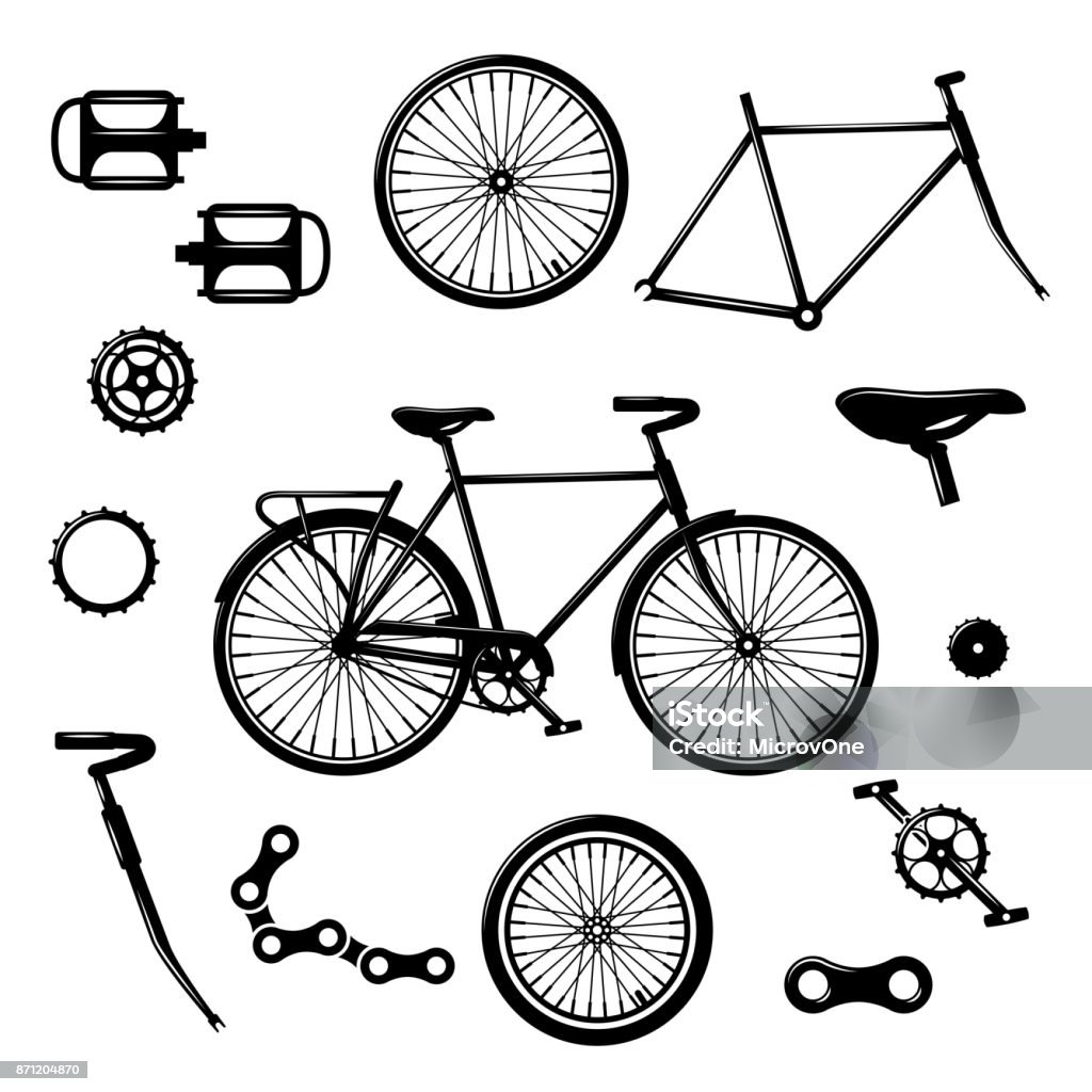 Bike parts. Bicycle equipment and components isolated vector set Bike parts. Bicycle equipment and components isolated vector set. Bicycle chain and pedal illustration Bicycle stock vector
