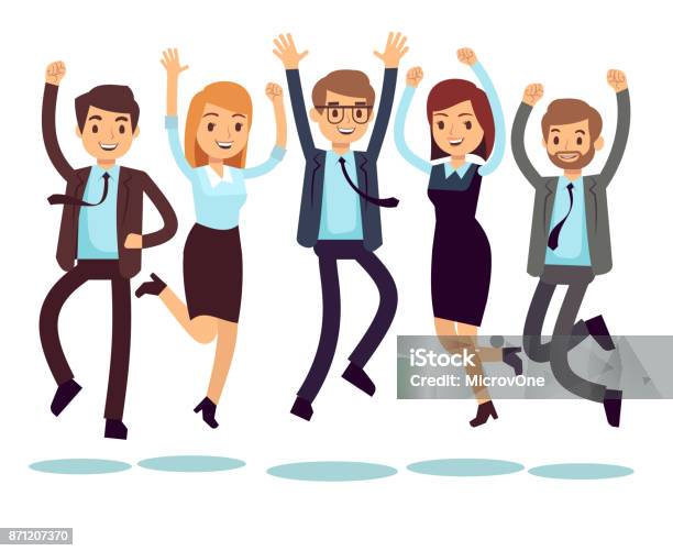 Happy And Smiling Workers Business People Jumping Flat Vector Characters Stock Illustration - Download Image Now