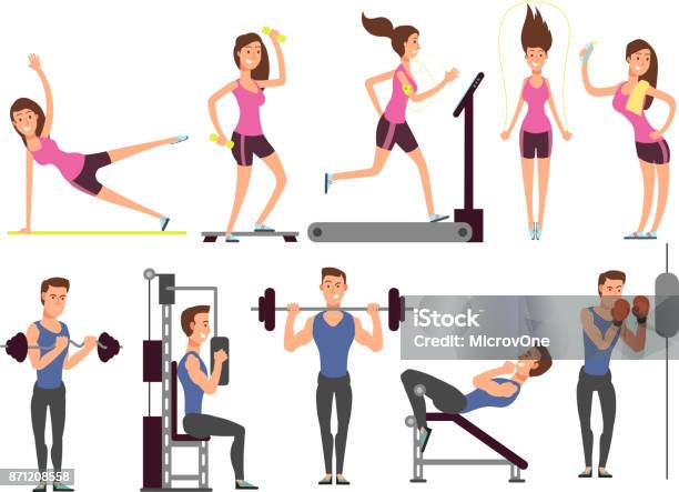 Gym Exercises Body Pump Workout Vector Set With Cartoon Sport Man And Woman  Characters Fitness People Stock Illustration - Download Image Now - iStock