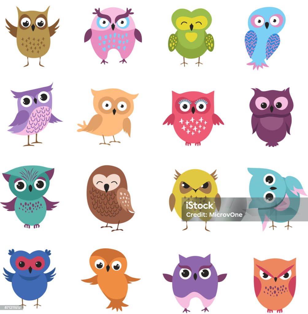 Cute cartoon owl characters vector set Cute cartoon owl characters vector set. Owl character bird, animal drawing comic and childish illustration Owl stock vector