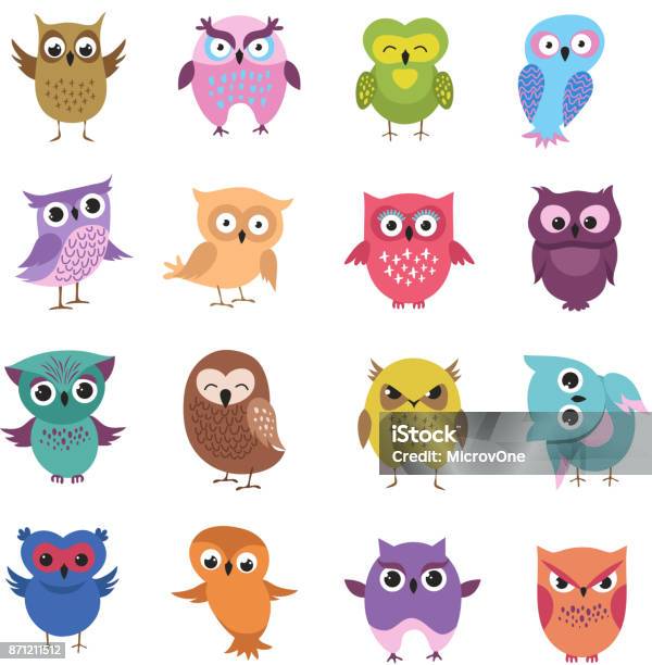 Cute Cartoon Owl Characters Vector Set Stock Illustration - Download Image Now - Owl, Mascot, Vector