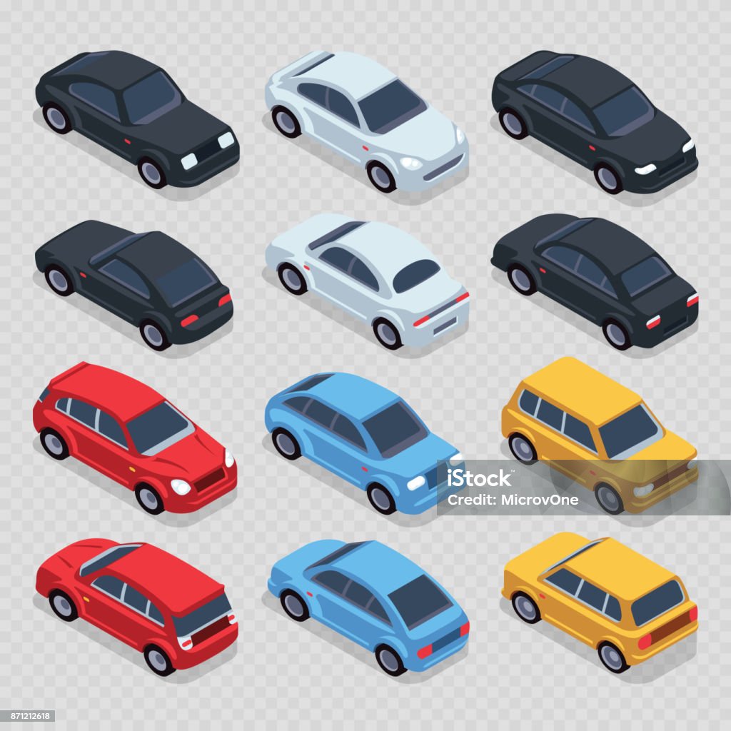 Isometric 3d cars set isolated on transparent background Isometric 3d cars set isolated on transparent background. Set transport isometric automobile, vector illustration Car stock vector