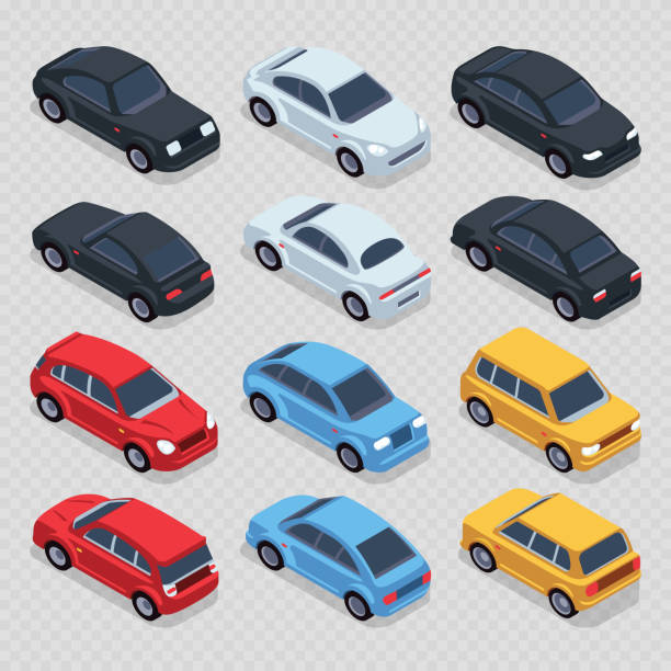 Isometric 3d cars set isolated on transparent background Isometric 3d cars set isolated on transparent background. Set transport isometric automobile, vector illustration car stock illustrations