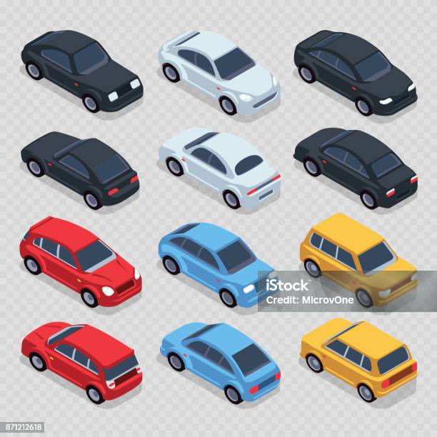 Isometric 3d Cars Set Isolated On Transparent Background Stock Illustration - Download Image Now