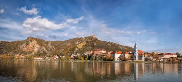 DUERNSTEIN CASTLE AND VILLAGE WITH DANUBE RIVER IN AUSTRIA