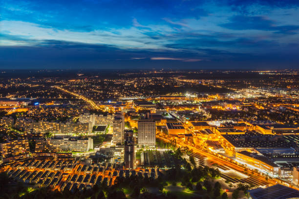 Night aerial view of Munich from Olympiaturm (Olympic Tower). Munich, Bavaria, Germany