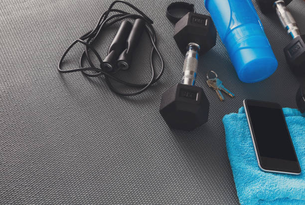 istock Fitness background, sport equipment, copy space 871222460