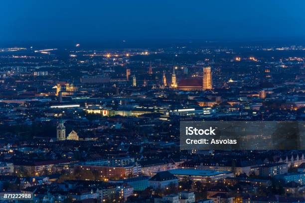 Lit City Center And The Frauenkirche In Munich Germany At Night Stock Photo - Download Image Now