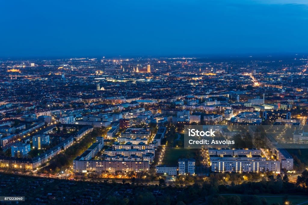 Lights of Munich, Germany at night from the Olympic tower Aerial View Stock Photo