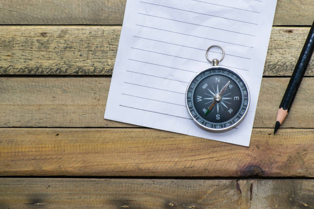 istock Notepad with compass wood background. Using wallpaper or background travel or navigator image. 871226878