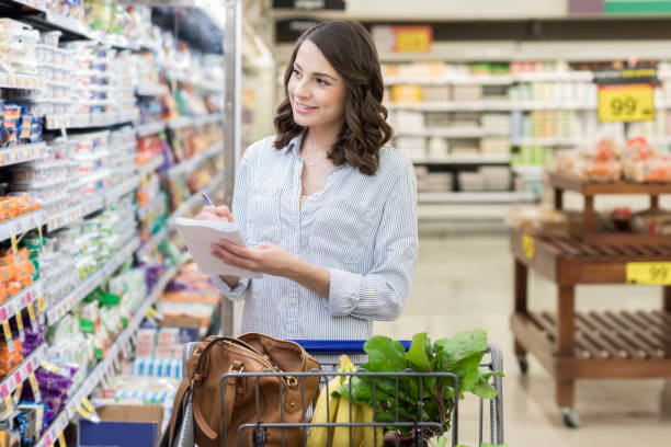 istock Woman crosses off items on grocery list 871227794