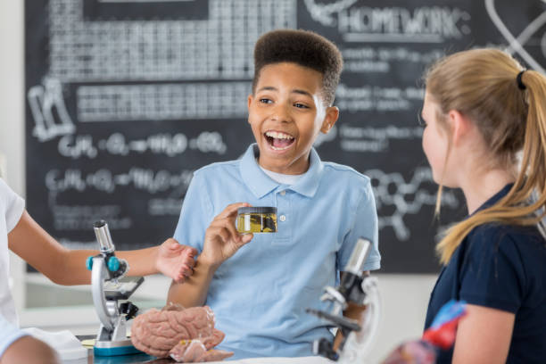 Handsome preteen middle school student participates in science lab Cheerful African American middle school boy laughs as he examines something inside a small specimen container. He is enjoying science lab with his friends. A human brain model and microscope are on the table. A chalkboard is blurred in the background. brain jar stock pictures, royalty-free photos & images