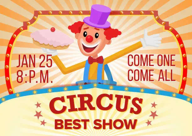 Vector illustration of Circus Clown Banner Blank Vector. Traveling Circus Amazing Show. Carnival Festival Performances Announcement. Illustration