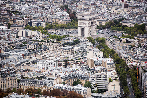 Paris, France: Beautiful view from Eiffel tower over Paris to Triumphal Arch of the Stars.