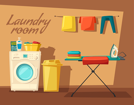Laundry Room With Washing Machine And Housewife Cartoon Vector Illustration  Stock Illustration - Download Image Now - iStock