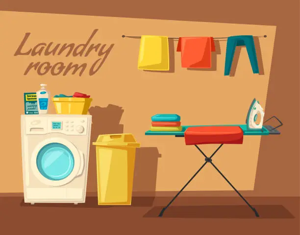 Vector illustration of Laundry room with washing machine and housewife. Cartoon vector illustration