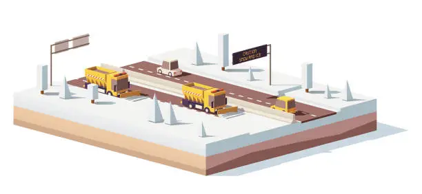 Vector illustration of Vector low poly snowplows working on the highway