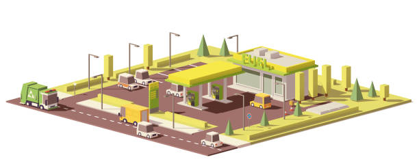 ilustrações de stock, clip art, desenhos animados e ícones de vector low poly gas station - isometric gas station transportation car