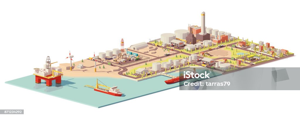 Vector oil extraction and consumption infographic Vector low poly oil extraction, processing, consumption infographic. Includes offshore oilrig, tanker and port, land oil rig, refinery plant, factory, gas station and city Isometric Projection stock vector