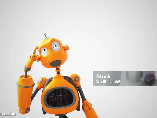 Yellow Cartoon Robot Thinking About Something Stock Photo - Download Image Now - Robot, Three Dimensional, Humor